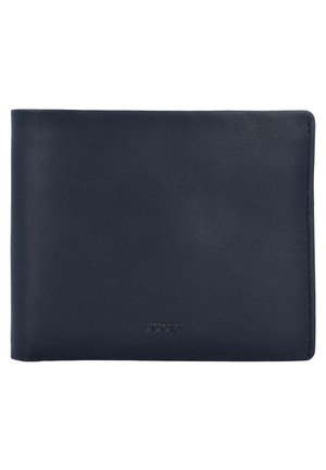 Portafoglio in pelle blu navy con una texture liscia, design a doppia piega e logo impresso. Nessuna hardware visibile o accenti aggiuntivi.