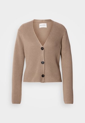 Beige ribben cardigan med lange ærmer, V-hals og tre sorte knapper foran. Blød tekstur og kort design.