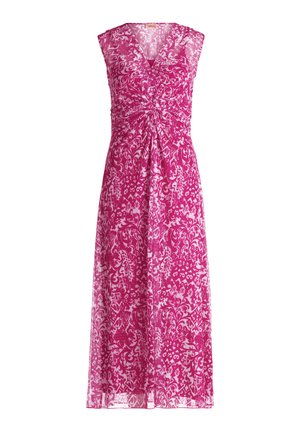 Maxi dress made of sheer fabric in a pink floral pattern with a V-neckline and gathered detailing at the waist. Sleeveless design.