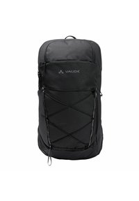 Zaino nero con un design elegante, motivo esagonale, cordino esterno regolabile, tasca laterale con zip e logo VAUDE sul davanti.
