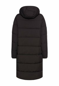 Black, knee-length puffer coat with a hood; features horizontal stitching and a smooth texture; zip closure and side pockets.