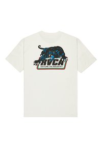 Witte katoenen T-shirt met een grote zwarte panterafbeelding en de tekst "RVCA NATURE VS INDUSTRY" in opvallende kleuren. Korte mouwen met een ronde hals.