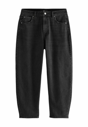 Black denim jeans with a relaxed fit, featuring a classic five-pocket design, a button fly, and subtle stitching details.