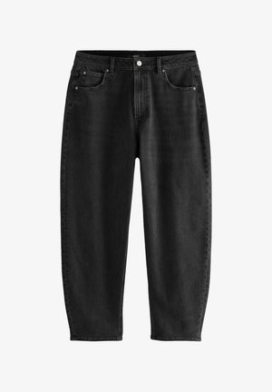 Czarne dżinsy o luźnym kroju, z klasycznym pięciopocketowym fasonem, z zamkiem na guziki i subtelnymi detalami w przeszyciach.