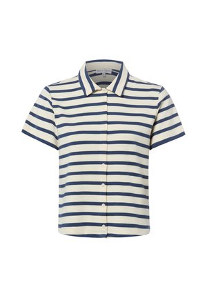 Short-sleeve button-up shirt with navy and white horizontal stripes and a classic collar.