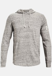 Pullover-Hoodie aus meliertem grauen Stoff, mit einer Fronttasche, Kapuze mit Kordelzug, langen Ärmeln und einem Logo auf dem Ärmel.