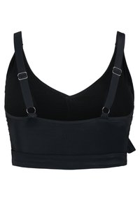 Sort bralette med justerbare stropper, v-halsdesign, glat tekstur og en tætsiddende kant i bunden. Ingen synlige mønstre eller hardwaredetaljer.