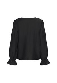 Black long-sleeve blouse with a round neckline, features gathered cuffs and a smooth, slightly textured fabric. Back view displayed.