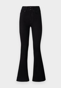 Jean noir taille haute évasé avec deux boutons devant, poches avant, et une partie supérieure de la jambe lisse et ajustée.