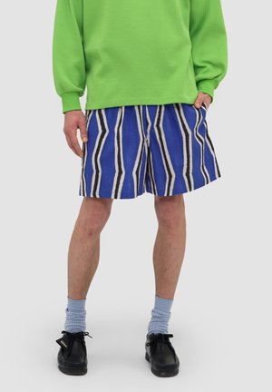 Person iført blå og hvide vertikale stribede shorts, lyseblå sokker, sorte sko og en skriggrøn langærmet skjorte med hænderne i lommerne.