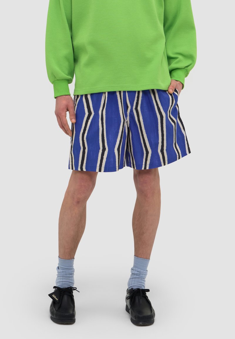 Personne portant un short à rayures verticales bleues et blanches, des chaussettes bleu clair, des chaussures noires et une chemise à manches longues vert vif avec les mains dans les poches.