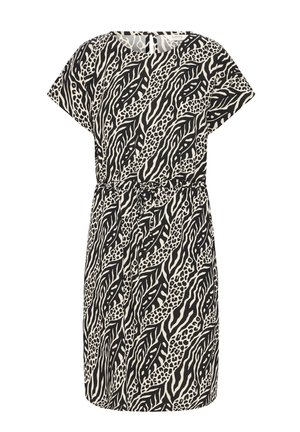 Czarna i beżowa sukienka z krótkim rękawem z mieszanym nadrukiem zebry i lamparta oraz ściągaczem w talii.