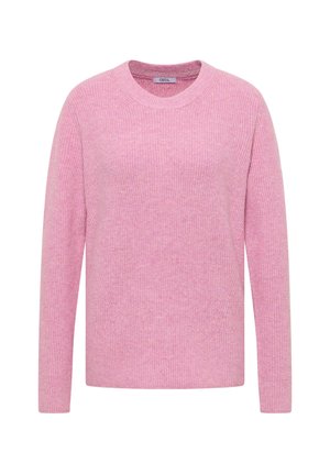 Maglione rosa a costine con scollatura tonda, maniche lunghe e texture morbida, caratterizzato da un sottile motivo mélange. 