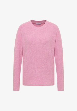 Suéter de punto rosa con cuello redondo, mangas largas y textura suave, que presenta un sutil patrón jaspeado en todo su diseño.