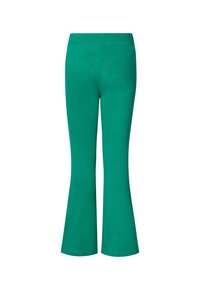 Groene uitlopende broek gemaakt van zachte, rekbare stof. Heeft een aansluitende taille en een gladde textuur met een strakke uitstraling.