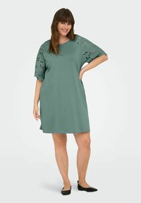 Rochie verde cu mâneci scurte, accentuate cu dantelă, și o croială lejeră. Materialul este neted, iar tivul cade deasupra genunchiului.