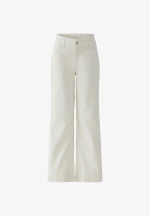 High-waist, wide-leg cream-colored pants with front patch pockets, belt loops, and a front button and zipper closure.