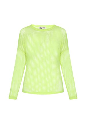 Neonkeltaiset verkkohihaiset paita, jossa on pyöreä pääntie ja väljähkö istuvuus, valkoisella taustalla esitetty.