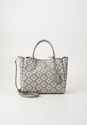 Gray floral-patterned tote bag with dual handles, a detachable shoulder strap, and a hanging tag. Made of durable fabric with textured accents.