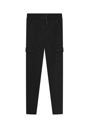 Schwarze Cargo-Jogginghose mit Kordelzug am Bund, seitlichen Klappentaschen, Fronttaschen und gerippten Bündchen an den Knöcheln.
