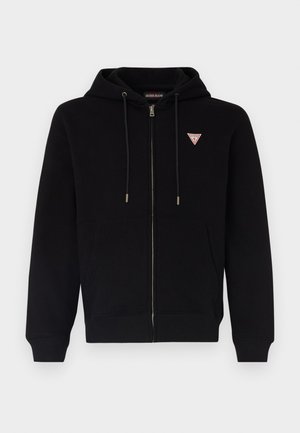 Black zip-up hoodie made of soft fabric, featuring a kangaroo pocket, drawstring hood, and a small red and white logo on the chest.