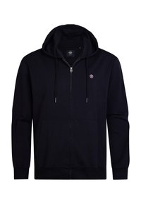 Felpa con zip di colore blu navy. Caratterizzata da un cappuccio, maniche lunghe e tasche frontali. Realizzata in materiale morbido con un piccolo logo sul lato sinistro del petto.