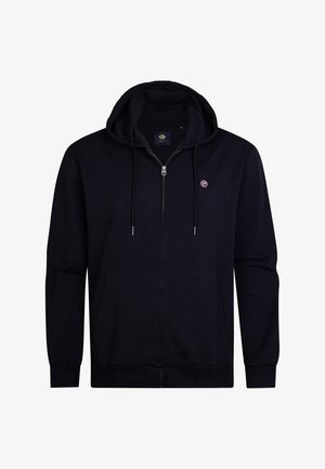 Navy zip-up hoodie. Features a hood, long sleeves, and front pockets. Made of soft material with a small logo on the left chest.