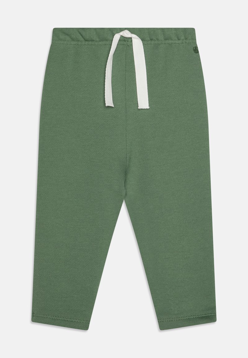 Leggings in cotone verde con vita elastica e cordoncino bianco. Presentano gambe affusolate e una texture liscia.