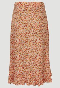 Bloemen midi-rok met een uitlopende zoom. Gemaakt van een lichte stof, met een patroon van rode en gele bloemen op een lichtroze achtergrond.
