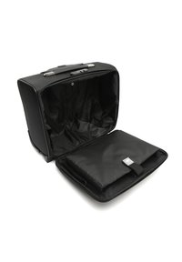 Black laptop bag with a sleek, rectangular design, featuring a zippered main compartment and a padded insert. Smooth texture, durable material.