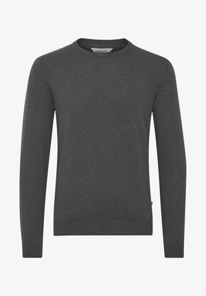 Gray knit sweater with a crew neckline, long sleeves, and ribbed cuffs and hem. Made from soft material with a plain texture.