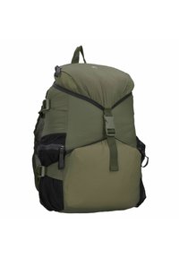 Grüner und schwarzer Rucksack mit verstellbaren Tragen, gepolstertem Oberteil, seitlichem Mesh-Tasche und vorderem Schnallenverschluss für eine sichere Aufbewahrung.