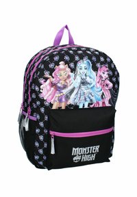 Zwarte rugzak met paarse accenten, voorzien van grote karakters graphics op de voorkant, ritszakken en mesh zijzakken.