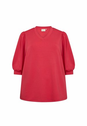 Rode blouse met korte mouwen en een V-hals, met pofmouwen en een losse fit, gemaakt van een gladde, lichte stof.
