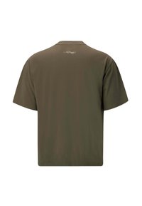 Olive green t-shirt made of soft cotton, featuring short sleeves and a crew neck. Subtle logo detail near the neck. Smooth texture.