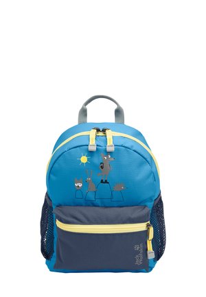 Sac à dos bleu avec une fermeture éclair jaune et des accents gris. Présente des illustrations d'animaux sur le devant et une poche latérale en mesh pour le rangement.