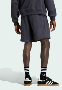 Donkergrijze sweatshirt en korte broek; zwarte schoenen met witte accenten en gumzool; zwarte sokken met witte strepen en logo aan de achterkant.