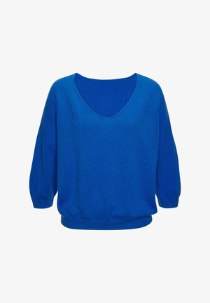 Blauer Strickpullover mit V-Ausschnitt, Ballonärmeln und geripptem Saum. Weiche Textur und lässige Passform, keine Muster oder zusätzlichen Details.