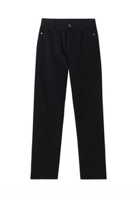 Pantalones de mezclilla negra con un diseño de pierna recta, estilo clásico de cinco bolsillos y cierre frontal con botón. Textura suave sin patrones visibles.
