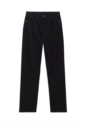 Schwarze Denim-Hose mit geradem Bein, klassischem Fünf-Taschen-Design und einem frontalen Knopfverschluss. Glatte Textur ohne sichtbare Muster.