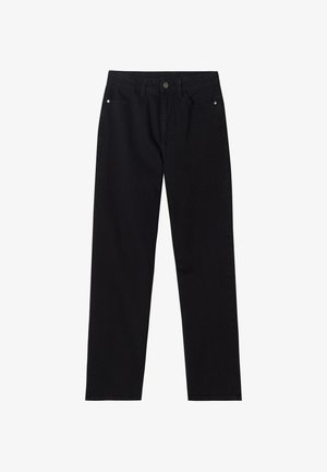 Schwarze Denim-Hose mit geradem Bein, klassischem Fünf-Taschen-Design und einem frontalen Knopfverschluss. Glatte Textur ohne sichtbare Muster.