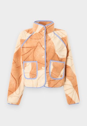 Fleece jacket with orange and cream abstract leaf pattern, blue trim, snap buttons, high collar, and two front pockets.