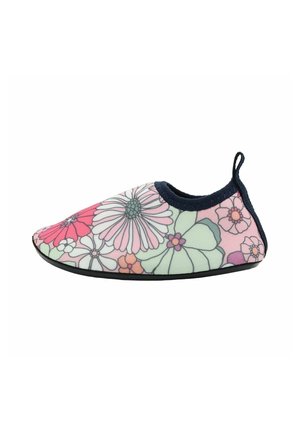 Chaussure d'eau enfant à enfiler avec motif floral multicolore, bordure noire, semelle légère et languette de tirage au talon.