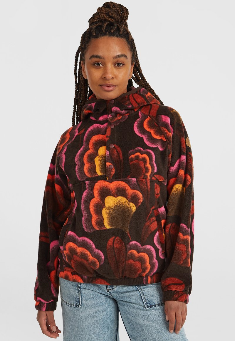 Fleece-Pullover mit Kapuze, ausgestattet mit einem braunen Hintergrund und lebhaften floralen Mustern in Pink, Orange und Gelb. Druckknopfverschluss.