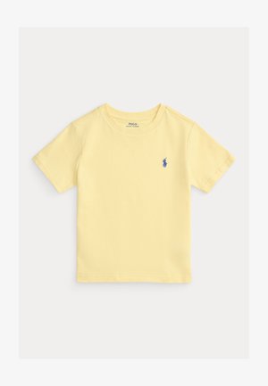 T-shirt in cotone a maniche corte giallo chiaro con logo ricamato del cavallo Polo Ralph Lauren blu sul petto a sinistra.