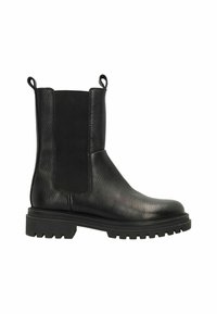 Zwarte enkelboots met een glad leren buitenkant, elastische zijpanelen en een chunky rubberen zool met een gestructureerd grippatroon.