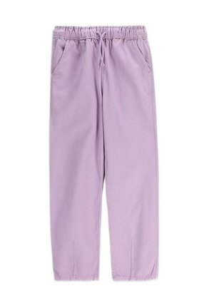 Codzienne spodnie w kolorze bzu z elastycznym pasem, sznurkiem do regulacji, bocznymi kieszeniami i prostymi nogawkami.