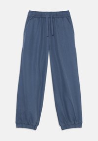 Blue casual pants with elastic waistband, drawstring, side pockets, and elastic cuffs, laid flat on a white background.