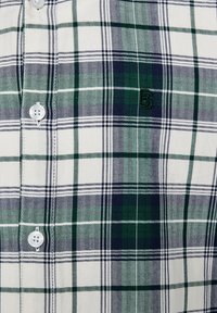 Camicia a maniche lunghe a quadri in bianco, verde e blu navy, con una trama testurizzata, cinque bottoni e un piccolo logo ricamato sul petto.