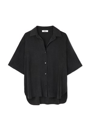 Black short-sleeve button-up shirt made from a lightweight fabric. Features a pointed collar and a relaxed, slightly curved hem.